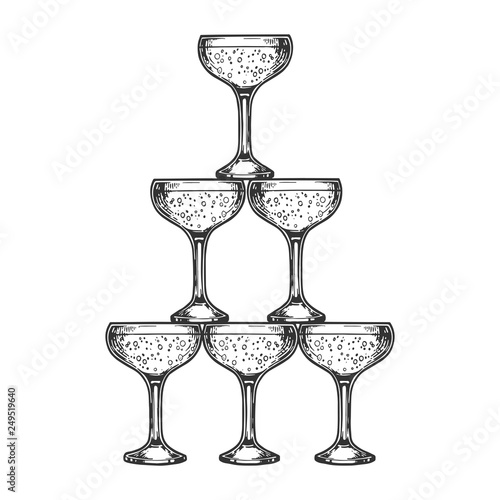 Champagne glass pyramid tower sketch engraving vector illustration. Scratch board style imitation. Black and white hand drawn image.