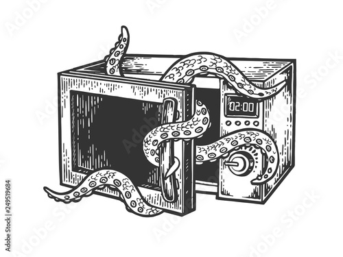 Octopus sea animal gets out of microwave oven sketch engraving vector illustration. Scratch board style imitation. Hand drawn image.