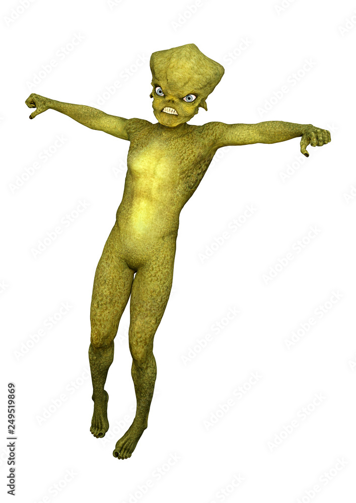 3D Rendering Green Alien on White 3D Rendering Green Alien on White