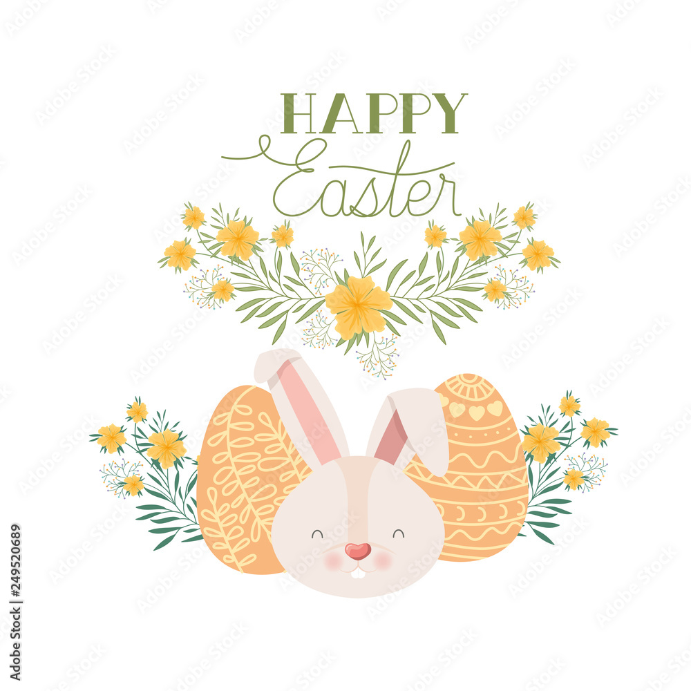 happy easter label with eggs and flowers icon happy easter label with eggs and flowers icon