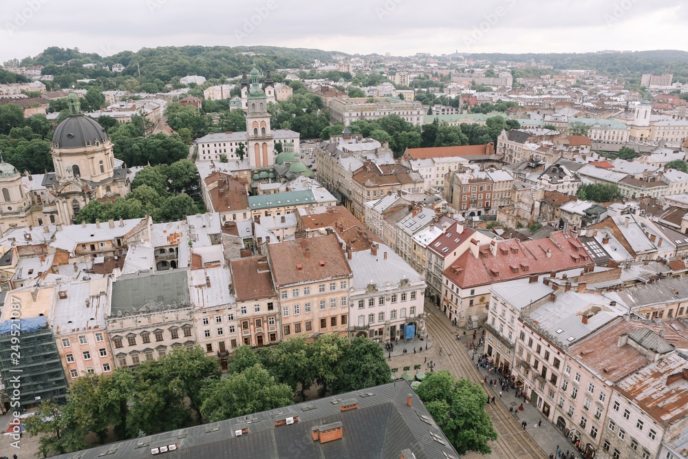Top view from of the city hall on houses in Lviv, Ukraine. Lviv bird's-eye view. Lviv old town from above.