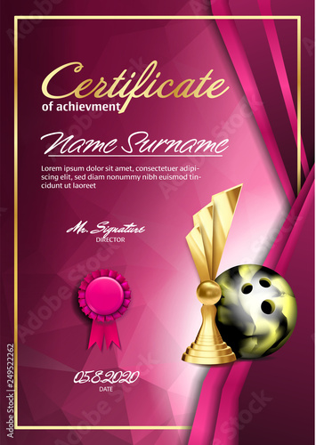 Bowling Certificate Diploma With Golden Cup Vector. Sport Vintage Appreciation. Modern Gift. Print Blank. A4 Vertical. Event Illustration
