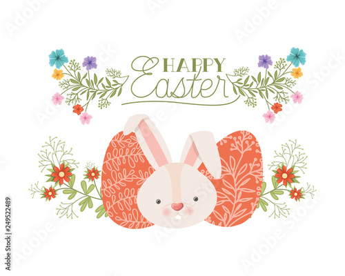 happy easter label with eggs and flowers icon