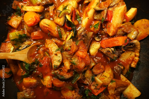 Vegetable stew in a pan, tasty and healthy cooking at home