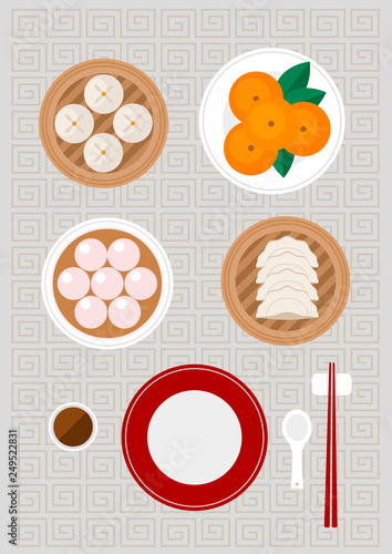 Chinese foods included Siopao Tangyuan Gyoza and fresh oranges