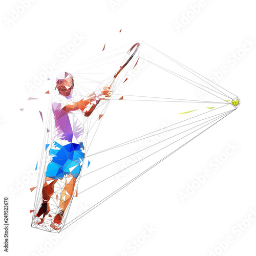Tennis player low poly vector illustration. Man playing tennis. Individual summer sport. Active people
