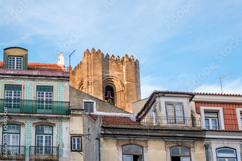 Close-up of Lisbon Alfama neighbourhood with S   cathedral tower