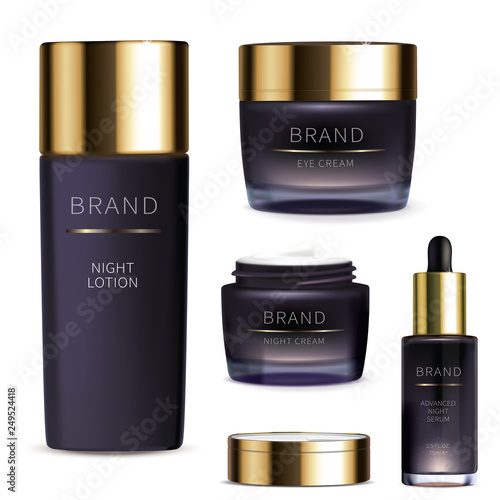 Night cosmetic series for face skin care, realistic set vector. Purple cream jar and revitalizing serum, plastic tube with lotion Brand design for luxury premium cosmetics isolated on white background