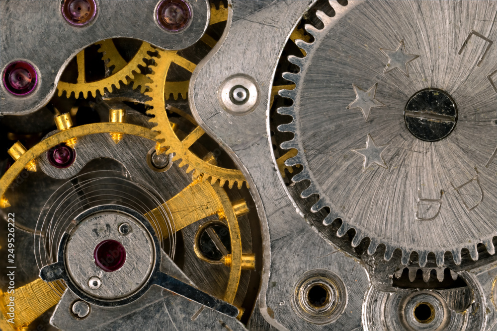 Details of the mechanism of a mechanical clock. Macro shooting