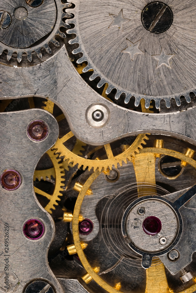 Details of the mechanism of a mechanical clock. Macro shooting