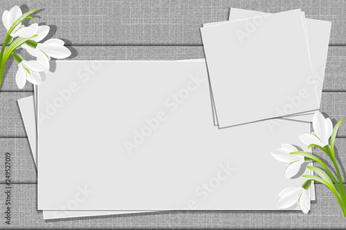 Relief board with photo and place for inscription. Template for the inscription with snowdrop flowers. Spring frame. Inspiration board. Mockup with blooming flowers