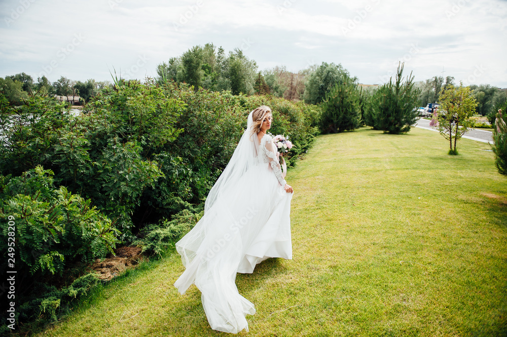 Beautiful bride in fashion wedding dress on natural background. A beautiful bride in the forest. Beautiful bride in fashion wedding dress on natural background. A beautiful bride in the forest.