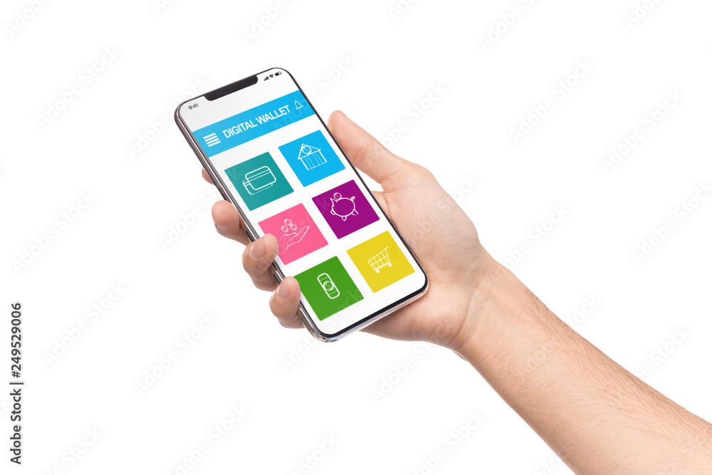 Man holding smartphone with digital wallet application Man holding smartphone with digital wallet application