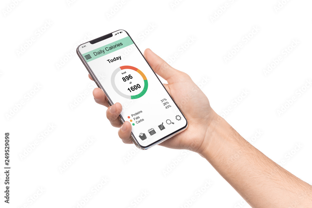 Man holding smartphone with counting calories application Man holding smartphone with counting calories application