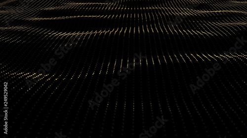 Background of particles on surface with waves. 3D render animation of perspective glimmering surface