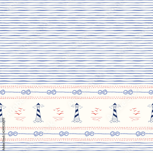 Hand-Drawn Horizontal Border with Ropes, Stitches, Marine Landscape and Lightouses Vector Seamless Pattern. Blue Stripes