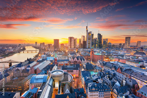 Frankfurt am Main, Germany. Aerial cityscape image of Frankfurt am Main skyline during beautiful sunset. photo