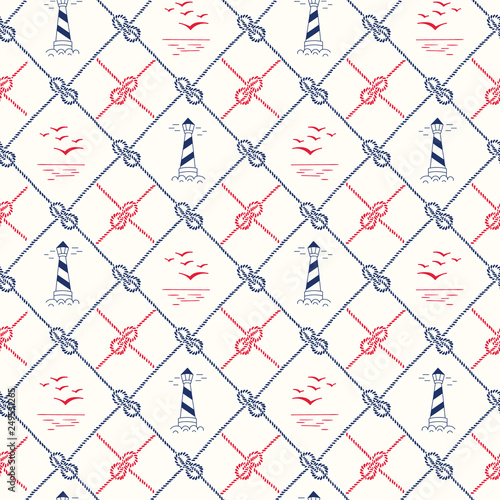 Hand-Drawn Diagonal Plaid with Sailing Ropes, Zeppelin Knots, Marine Landscape and Lightouses Vector Seamless Pattern.