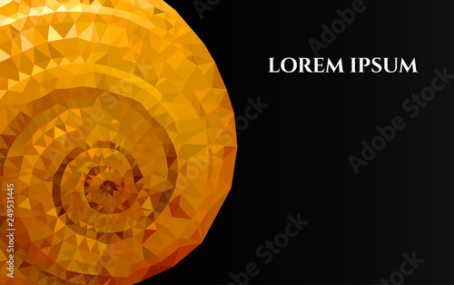 Black background with low poli yellow shell, geometric shape of triangles. Vector illustration