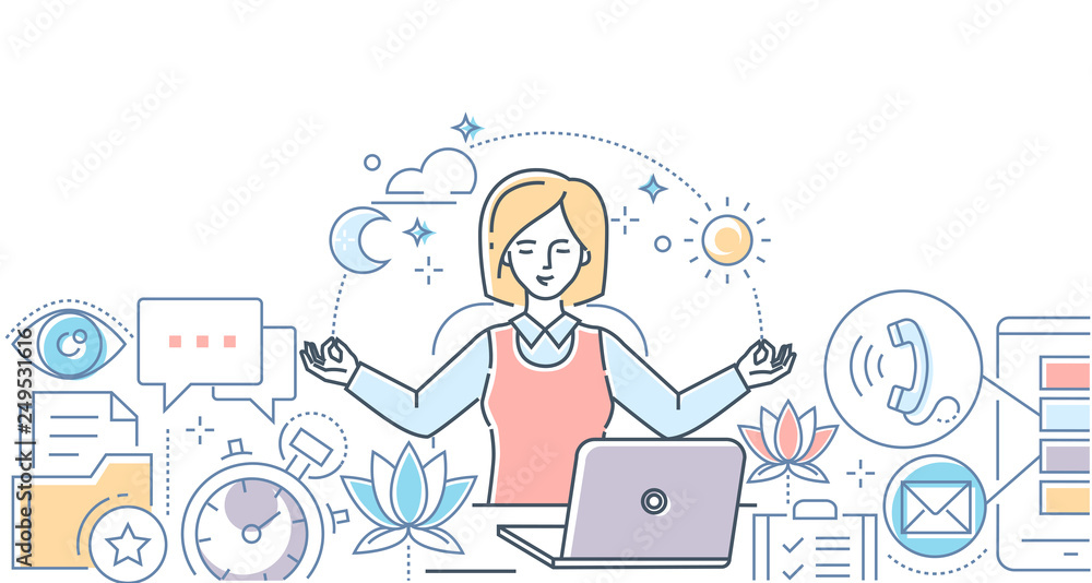 Mindfulness at work - modern line design style illustration Mindfulness at work - modern line design style illustration