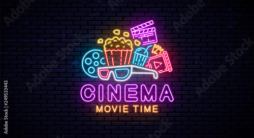Neon sign for cinema. Vector illustration - Vector