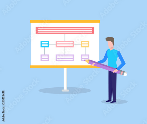 Man holding big pencil and showing scheme on presentation, standing man near spreadsheet. Colorful panel construction, billboard with shadow in flat vector