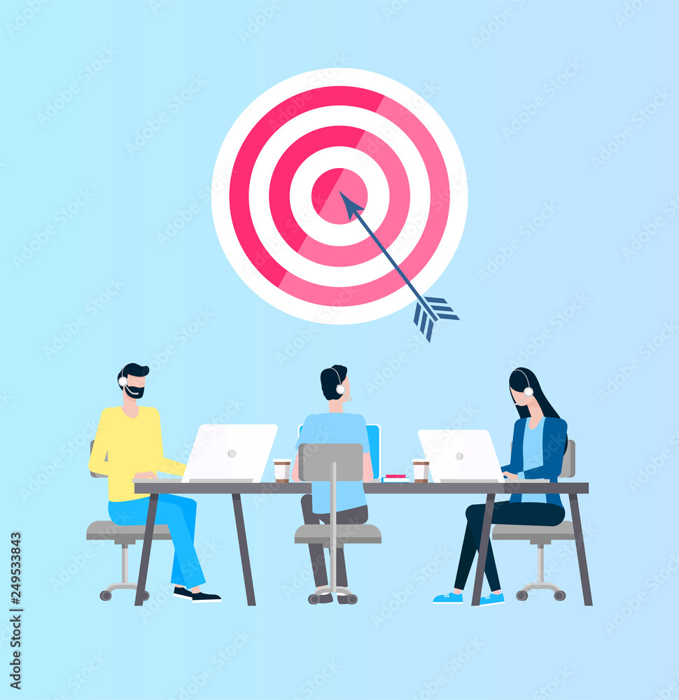 Professionals working on laptops looking at target vector. Training and job of experts business project aim of people, managers director conference Professionals working on laptops looking at target vector. Training and job of experts business project aim of people, managers director conference
