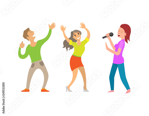 Partying people having fun lady with microphone vector. Couple dancing, woman singing and entertaining guests, show clubbing male and female clubbers