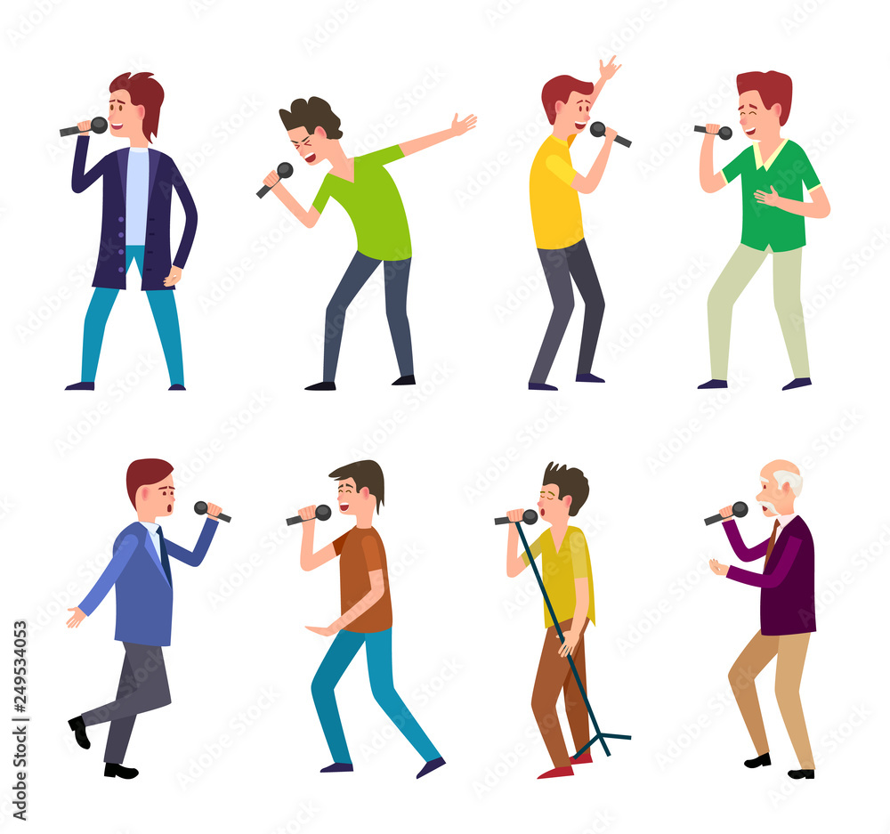 Fototapeta premium Male musicians, man singing songs people dancing isolated set vector. Entertainment leisure of elderly person holding microphone, expressing emotion
