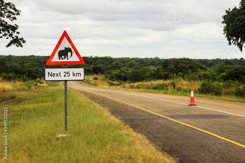African road sign with the image of the animal - an elephant on the road of Namibia