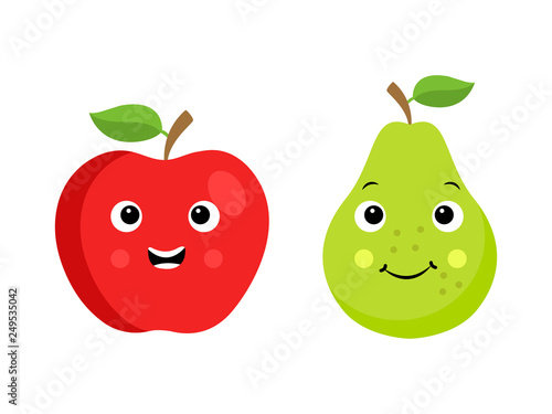 Two cartoon fruit characters isolated on white: apple and pear