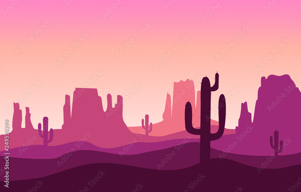 Desert sand landscape with mountains and cactus silhouette on the wild west  texas purple color in flat cartoon style Stock Vector | Adobe Stock