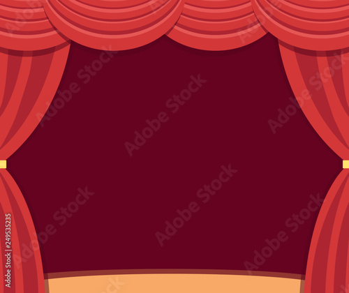 Stage red curtaines flat realistic with dark red background and brown floor