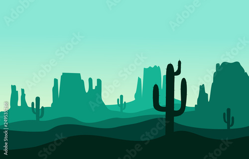 Desert sand landscape with mountains and cactus silhouette on the wild west texas green color in flat cartoon style