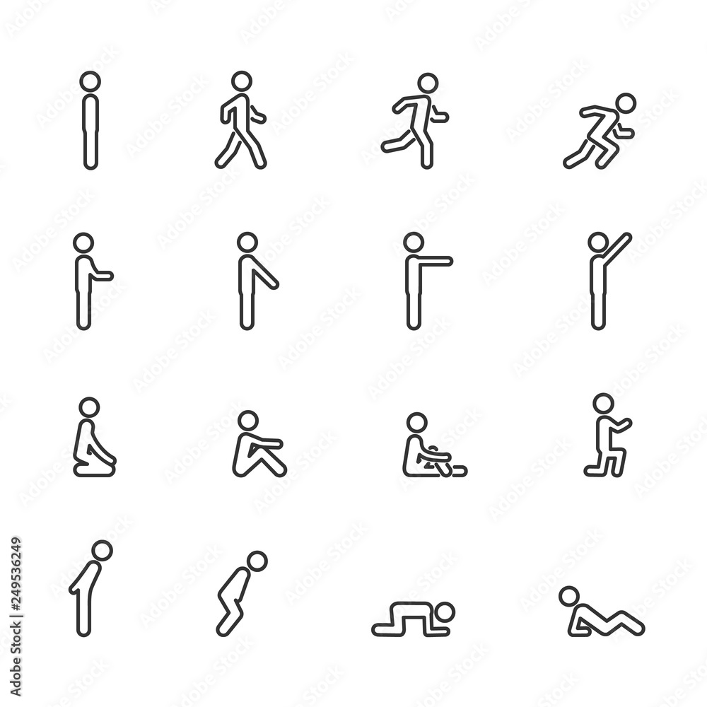 Vector set of man standing walking running sitting lying pointing in different poses line icons. Vector set of man standing walking running sitting lying pointing in different poses line icons.