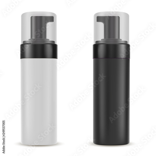 Pump Bottle for Cosmetic Product. Beauty Package for Lotion, Skin Moisturizer. Black and White Container with Batcher Cap for Hand Gel, Foam. 3d Design Illustration.