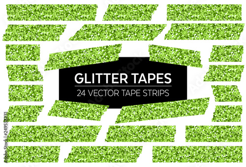St Patrick's Day Green Glitter Vector Tape Strips with Torn Edges. 24 Unique Glittering Isolated Stickers. Photo or Note Sticker for Ad, Print or Web, Layout Element, Clip-art, Scrapbook Embellishment