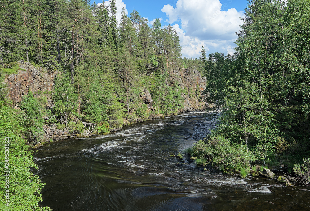 Oulanka river and the fast-moving rapids at the Oulanka National Park in Kuusamo, Finland. Green forest framing the flowing water. Finnish nature on a beautiful, sunny summer day perfect for hiking. Oulanka river and the fast-moving rapids at the Oulanka National Park in Kuusamo, Finland. Green forest framing the flowing water. Finnish nature on a beautiful, sunny summer day perfect for hiking.