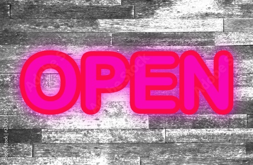 Black and white wood floor background with neon pink or purple text Open