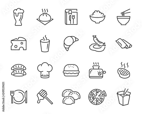 set of food icons ,such as bread, rice, meat, drink