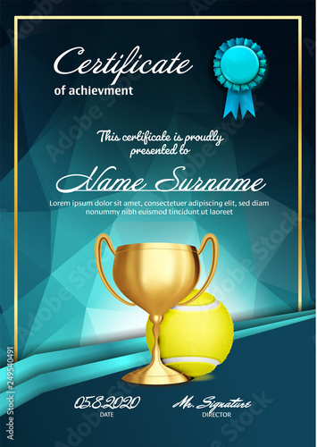 Tennis Certificate Diploma With Golden Cup Vector. Sport Graduation. Elegant Document. Luxury Paper. A4 Vertical. Championship Illustration photo