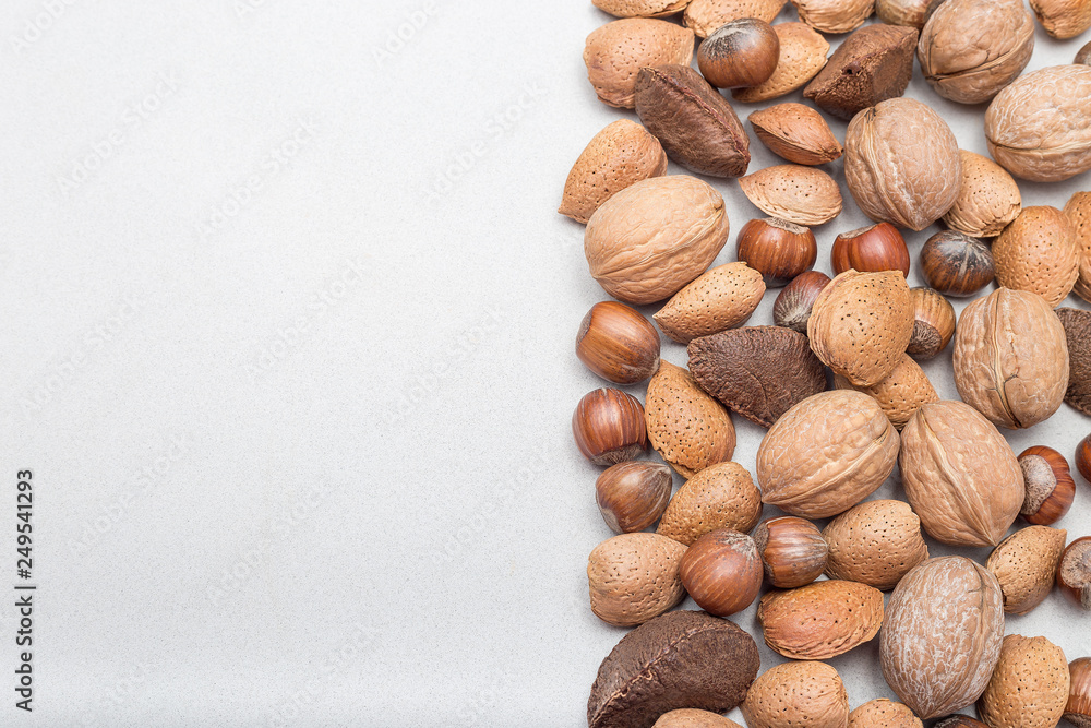Different kinds of nuts in the shell, hazelnut, walnut, almond and brazil nuts on gray concrete background, horizontal, copy space, top view Different kinds of nuts in the shell, hazelnut, walnut, almond and brazil nuts on gray concrete background, horizontal, copy space, top view