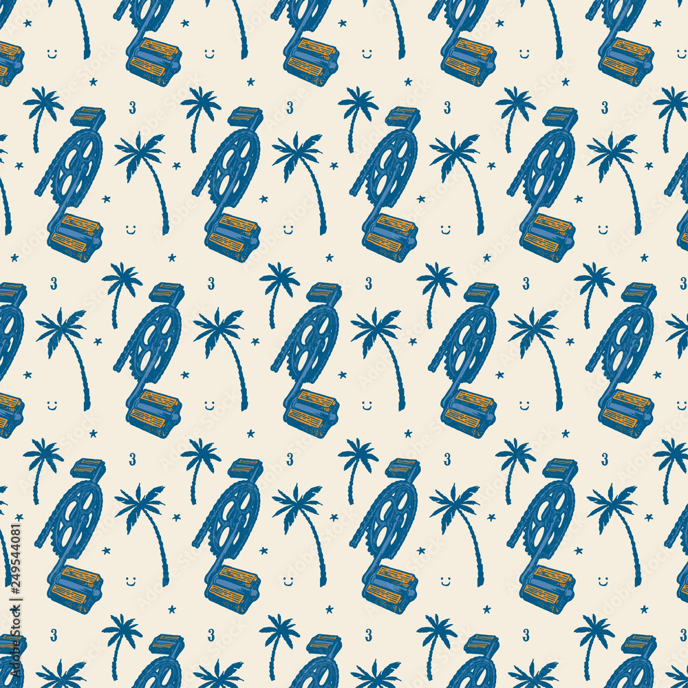 Bicycle pedals, chain and palm-trees tropical vacation seamless pattern Bicycle pedals, chain and palm-trees tropical vacation seamless pattern