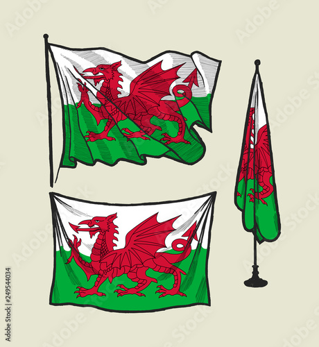 Flag of Wales on the wind and on the wall - drawing style vector illustration set