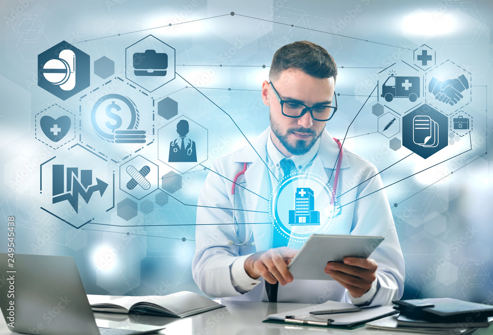 Φωτογραφία Health Insurance Concept - Doctor in hospital with health insurance related icon graphic interface showing healthcare people, money planning, risk management, medical treatment and coverage benefit