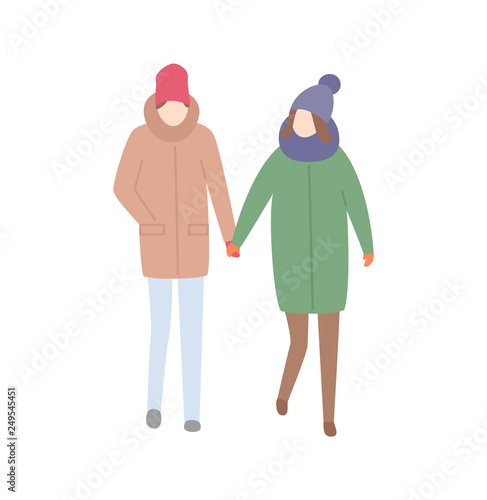 Couple man and woman walking together relaxing people vector. Male and female holding hands, wintertime cold seasonal clothes hats and jackets on pair