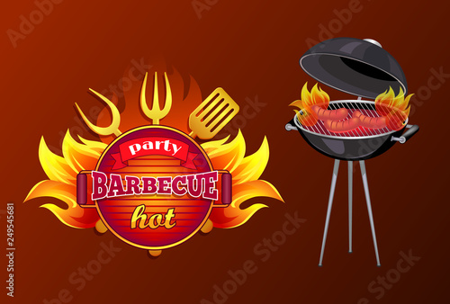 Party BBQ barbecue poster with text and mangal. Brazier with roasting sausages frankfurter. Icon of frying pan, spatula and forks with flame vector