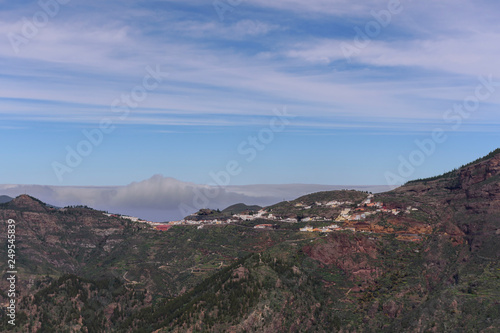 panoramic view of mountains with a village on it