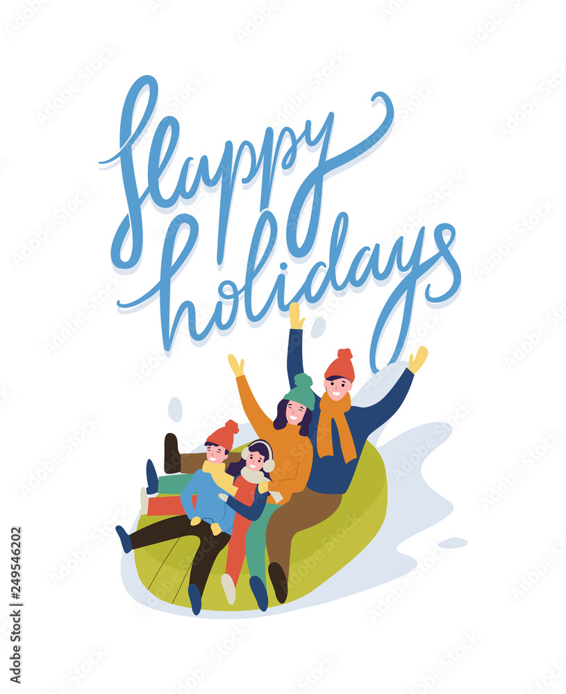 Family going snow tubing isolated on white. Sitting father and mother with children on rubber ring with rising up hands. Happy holidays card vector Family going snow tubing isolated on white. Sitting father and mother with children on rubber ring with rising up hands. Happy holidays card vector