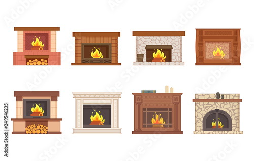 Fireplace home interior burning wood isolated icons set vector. Shelves with vase and decor, furnace made of stone and redbrick, stand and bucket